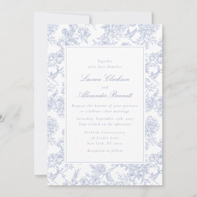 Convite para Casamento de Toile Floral Azul (Frente)