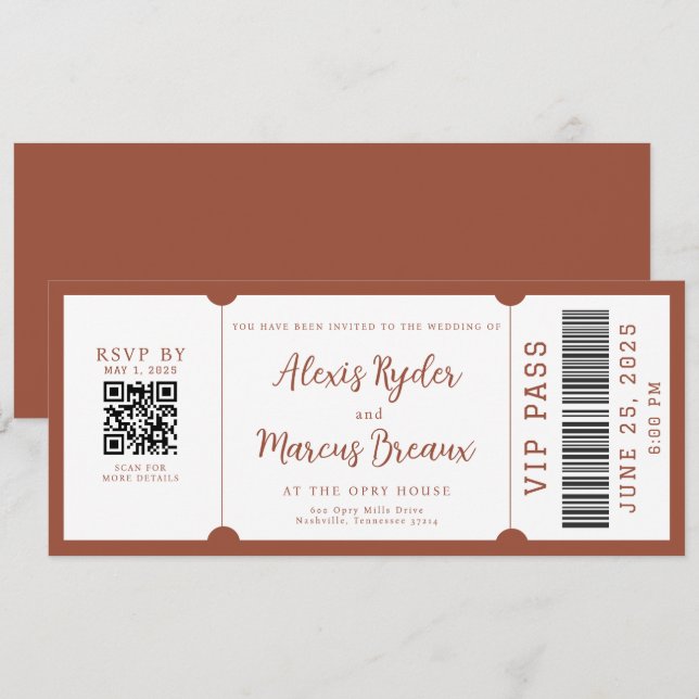 Convite para Casamento de Trendy Terracotta Ticket (Frente/Verso)