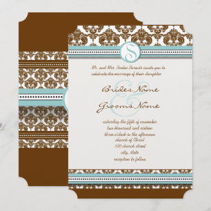 Convite para Casamento de Trim Azul Marrom Damask