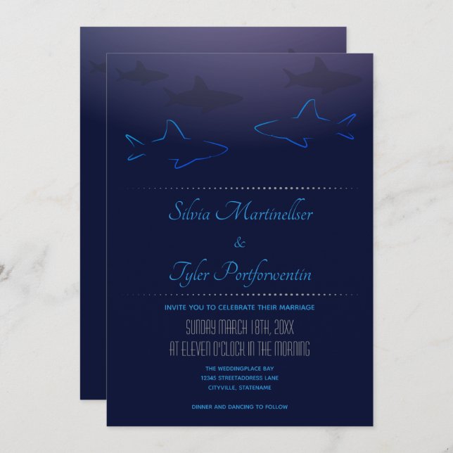 Convite Para Casamento De Tubarões Do Oceano Azul (Frente/Verso)