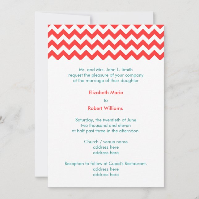 Convite para Casamento de Turquesa e Coral Chevron (Frente)