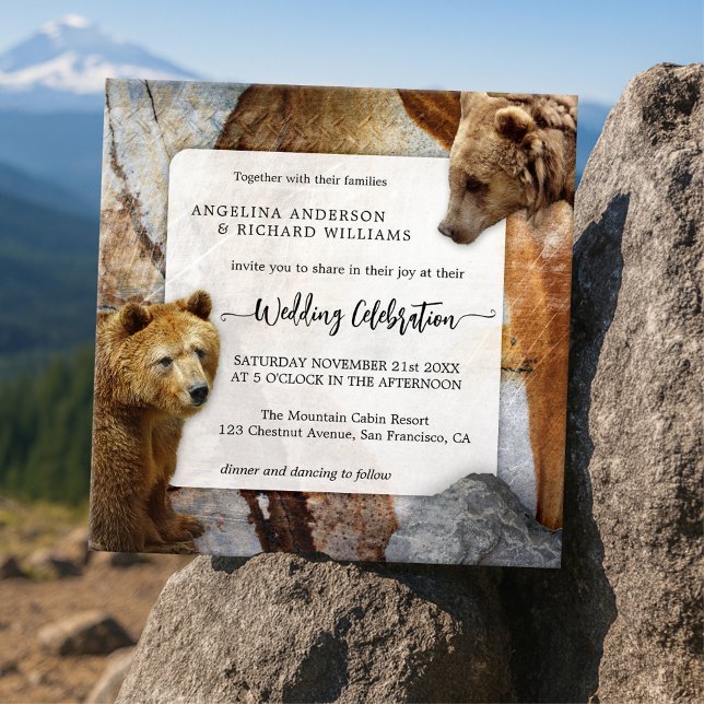Convite Para Casamento De Urso Granito Industrial (Industrial design wedding invitation featuring bears on a granite stone background)