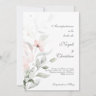 Convite para casamento de verde e flor rosa