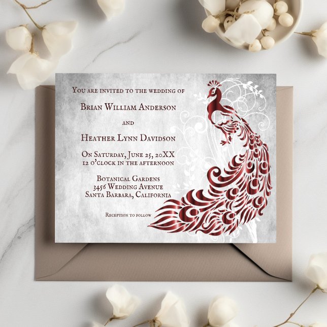 Convite para Casamento de Vinha de Pavão Vermelho (Red Peacock Leaf Vine Wedding Invitation)