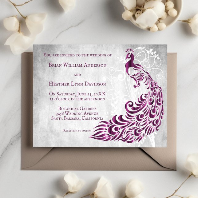 Convite para Casamento de Vinha Magenta Peacock (Magenta Peacock Leaf Vine Wedding Invitation)