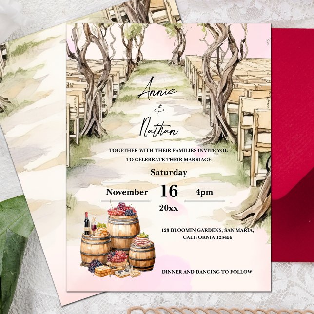 Convite para Casamento de Vinha Romântica em Grape (Grapevine Romantic Vineyard Wedding Invitation Postcard)