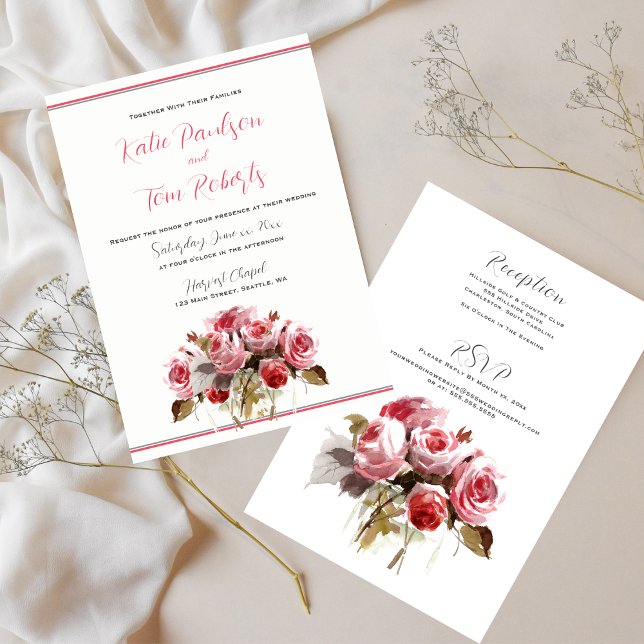 Convite para Casamento de Watercolor Rose Bouquet (Watercolor Rose Bouquet Wedding Invitation)