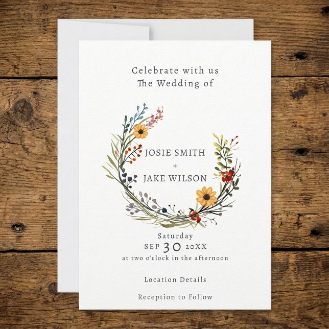convite para casamento de Wildflower (Wildflower wedding wreath wedding invitation.)