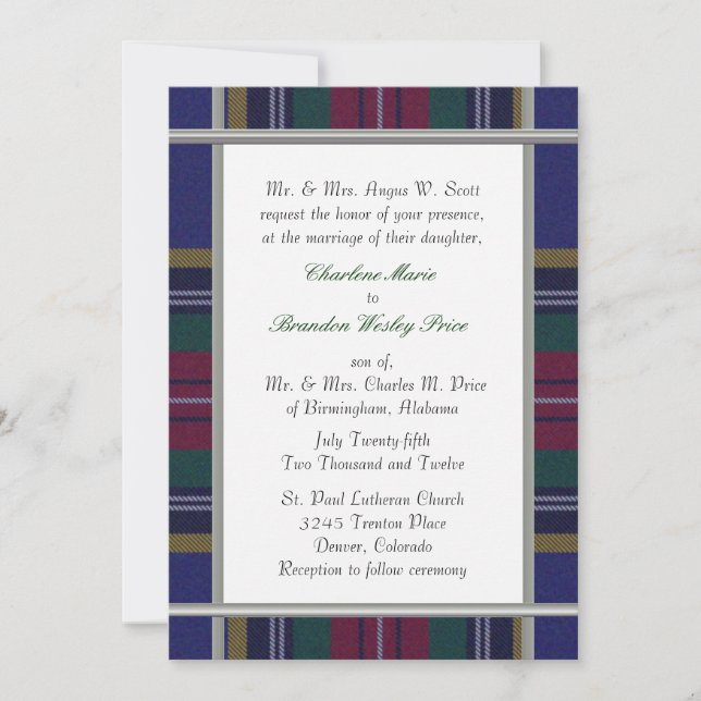 Convite para Casamento de Xadrezes MacBeth Tartan (Frente)