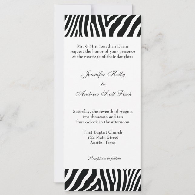 Convite para Casamento de Zebra Negra e Branca (Frente)