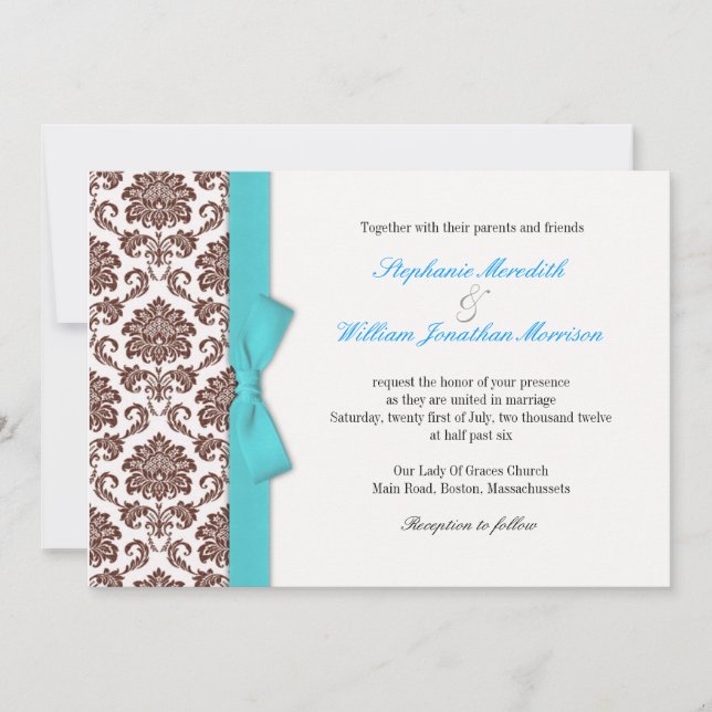 Convite para casamento do Arco Brown Damask Aqua (Frente)