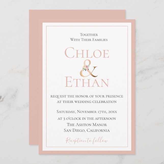 Convite para Casamento do Blush Ampersand do ouro (Frente/Verso)