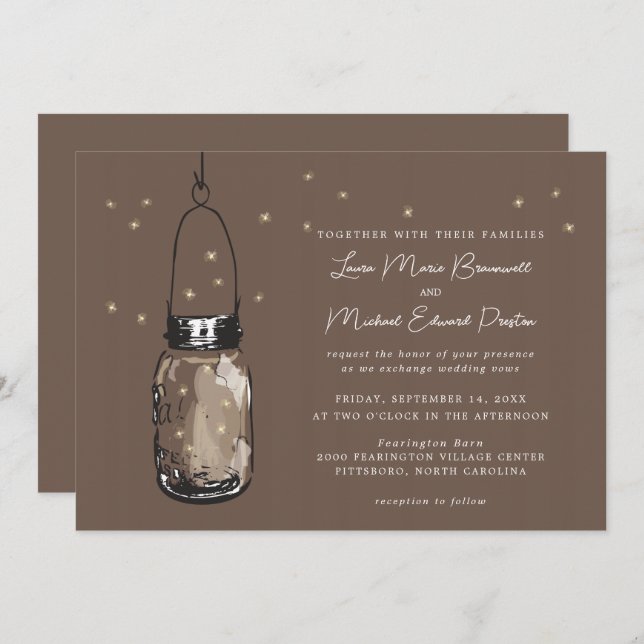 Convite para casamento do Brown Mason Jar Fireflie (Frente/Verso)
