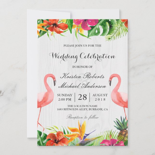 Convite para casamento do Casal Flamingo Floral Tr (Frente)
