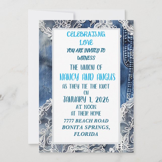 convite para casamento do Denim e do Lace antigo (Frente)