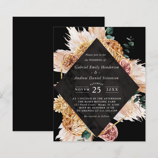 Convite para Casamento do Deserto Negro Boho de Or (Frente/Verso)