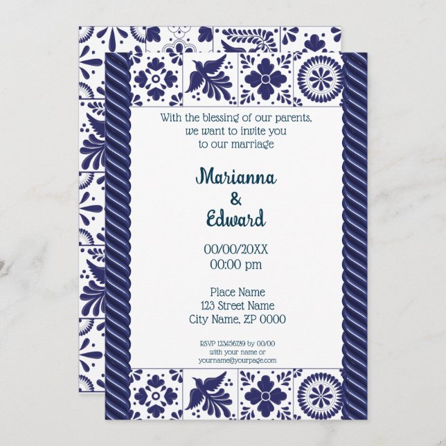 Convite para casamento do Design Talavera mexicano (Frente/Verso)