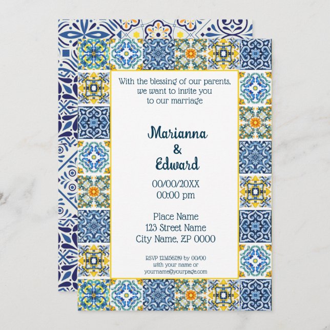 Convite para casamento do Design Talavera mexicano (Frente/Verso)
