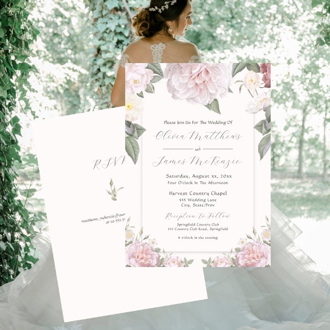 Convite para Casamento do Jardim das Rosas Rosa El (Elegant Pink Roses Garden Wedding Invitation 5 x 7)