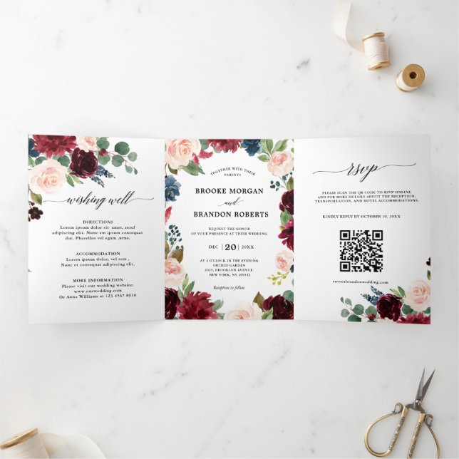 Convite para Casamento do Marinho Vermelho Burgund (Dentro)