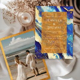 Convite para Casamento Dourado Azul do Marinho Rea