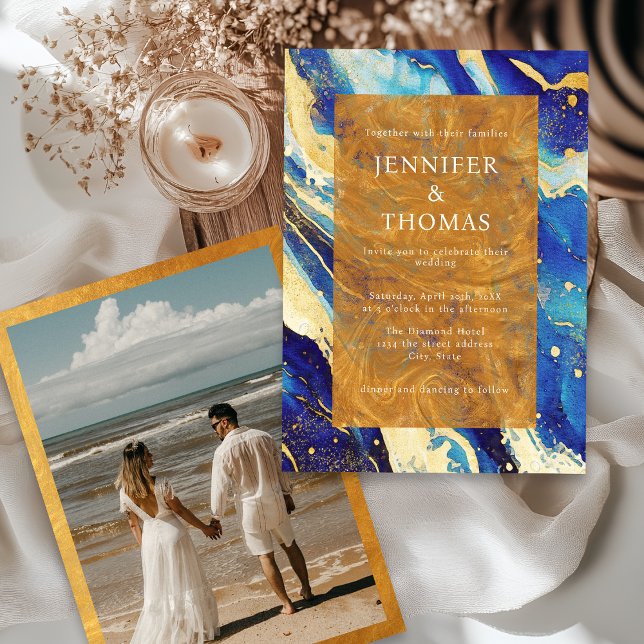 Convite para Casamento Dourado Azul do Marinho Rea (Criador carregado)
