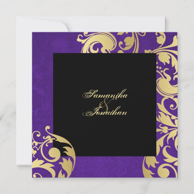 Convite Para Casamento Dourado Bonito Roxo Floral (Frente)