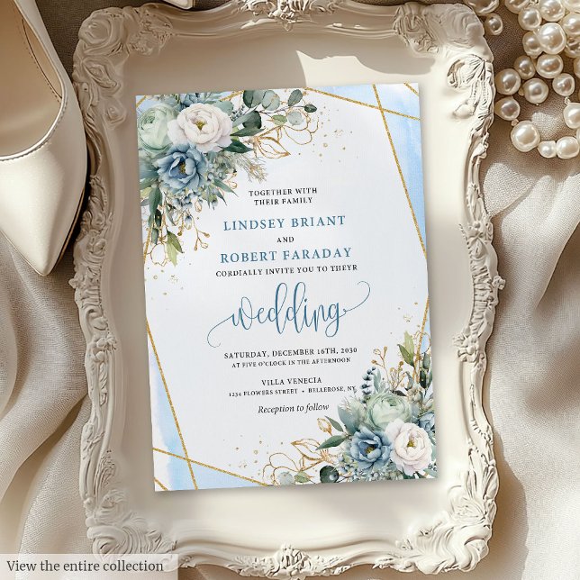 Convite para Casamento Dourado de Peões Azuis do P (Modern Pastel Blue Gold Peonies Wedding Invitation)