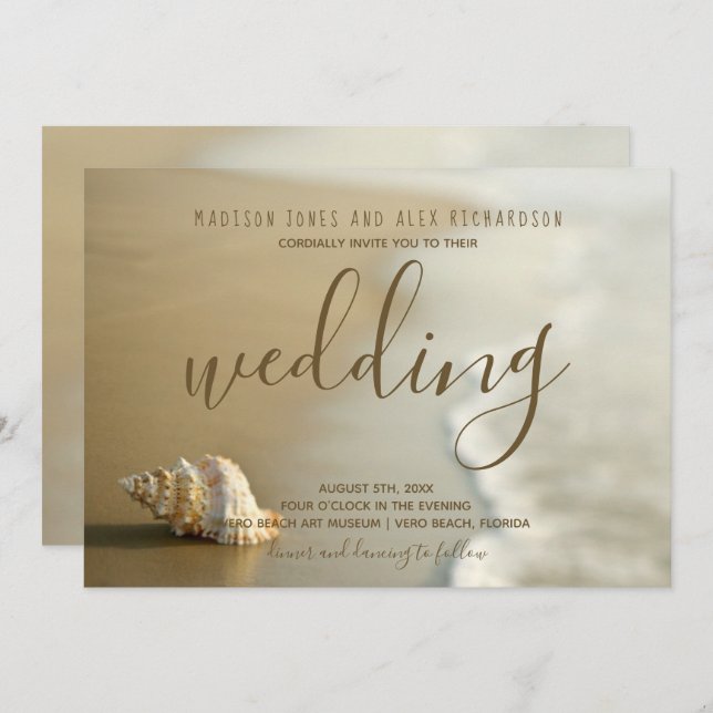 Convite para Casamento Dourado de Seashell Beach (Frente/Verso)