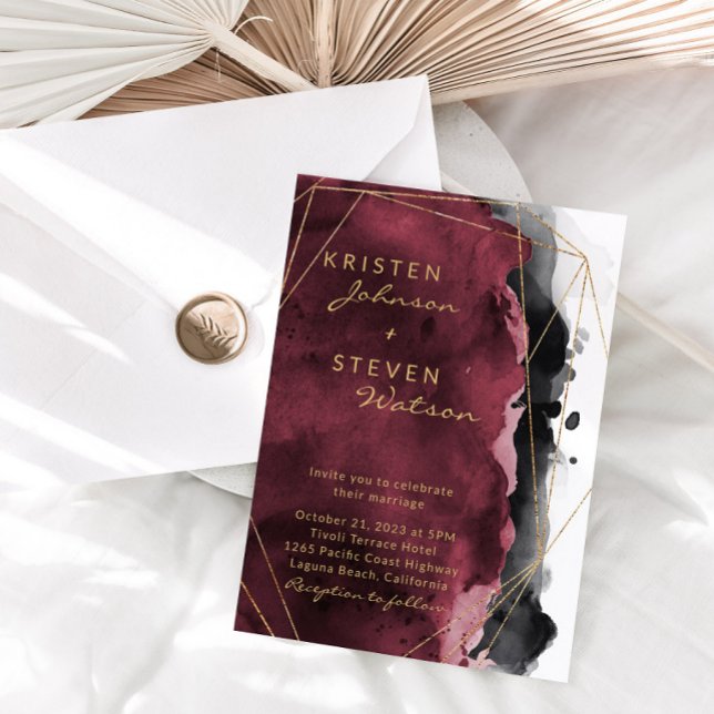 Convite para Casamento Dourado e Negro da Burgundy (Criador carregado)