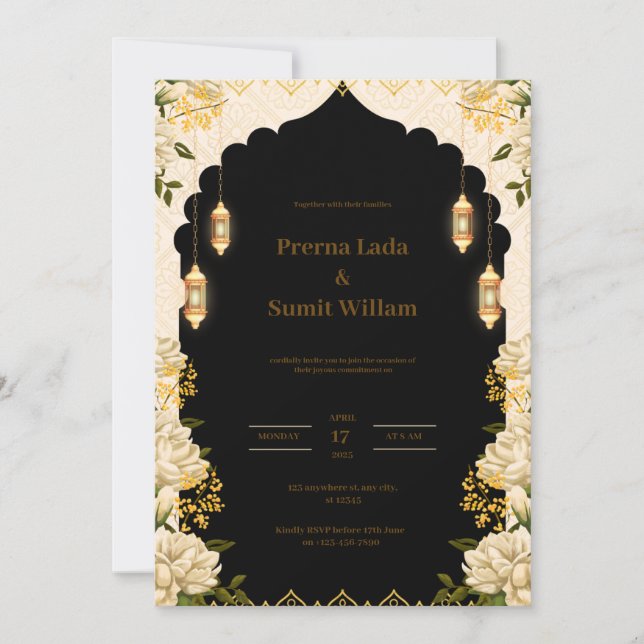Convite para Casamento Dourado e Preto de Luxo (Frente)
