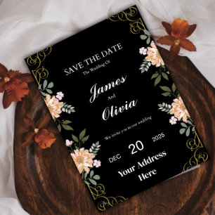 Convite para Casamento Dourado e Preto Floral Eleg