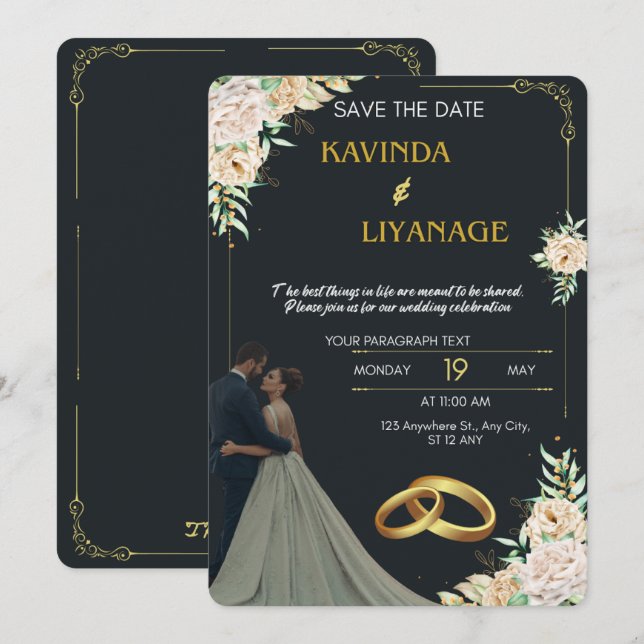 Convite Para Casamento Dourado E Preto Premium (Frente/Verso)