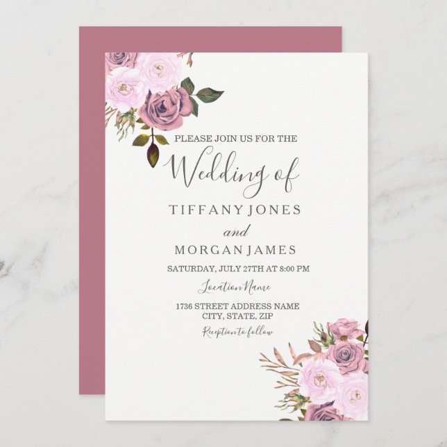 Convite para Casamento Dourado Elegante Rosa e Ros (Frente/Verso)