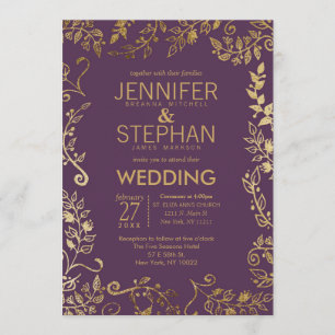 Convite para Casamento Dourado Floral de Plum Purp