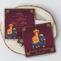 Convite para Casamento Dourado Indiano Vermelho El