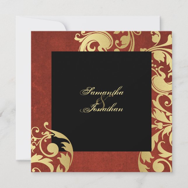 Convite para Casamento Dourado Negro Bonito Vermel (Frente)