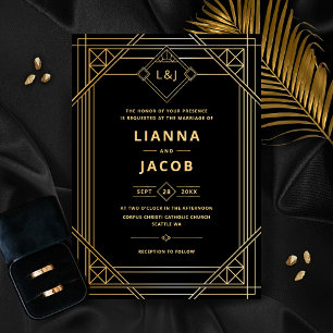 Convite para Casamento Dourado Preto em Deco de Ar