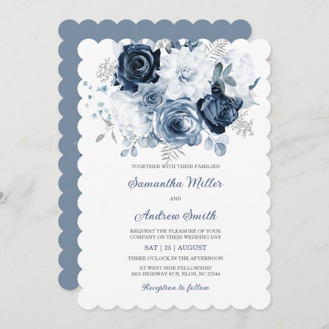 Convite para Casamento Dusty Blue e Silver (Frente/Verso)