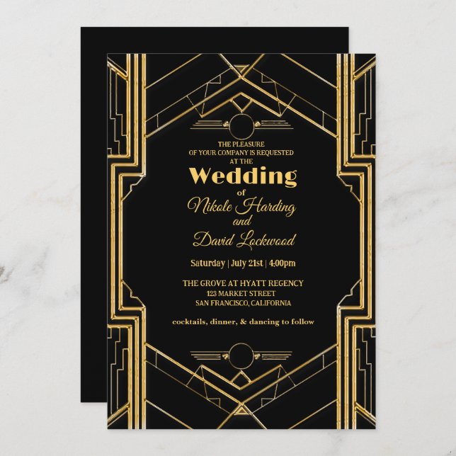 Convite para Casamento Elegante Art Deco Gatsby (Frente/Verso)