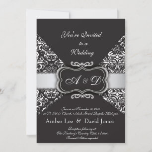 Convite para casamento Elegante Black Damask e Sil