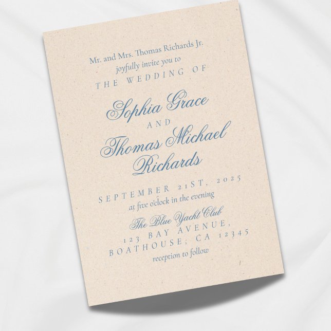 Convite para Casamento Elegante Branco e Azul (Invite guests to your elegant ceremony with this script, dusty blue invitation!)
