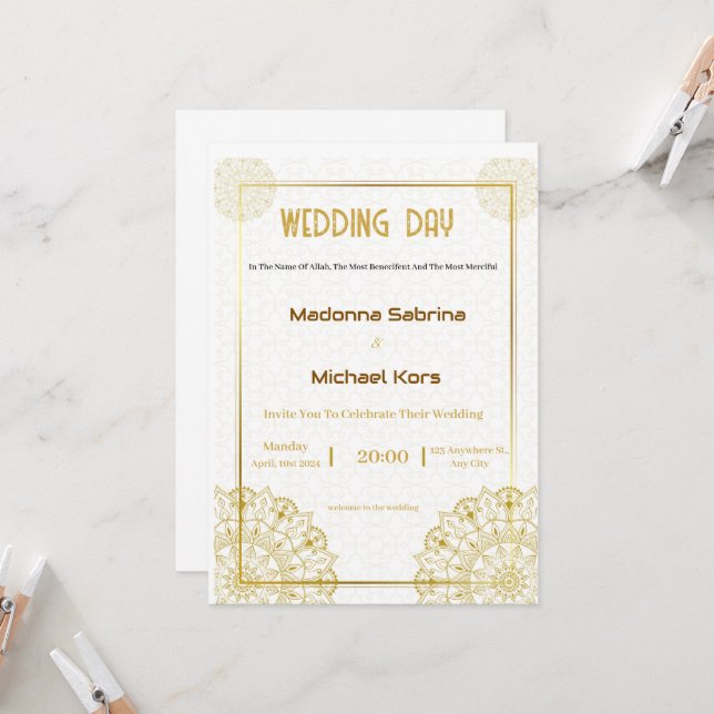 Convite para Casamento Elegante Branco e Dourado (Frente/Verso In Situ)