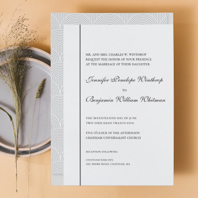 Convite para Casamento Elegante Branco Negro (Black white simple grey geometric pattern wedding invitation)