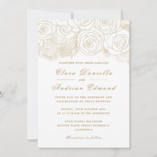 Convite para Casamento Elegante com Rosas Dourados