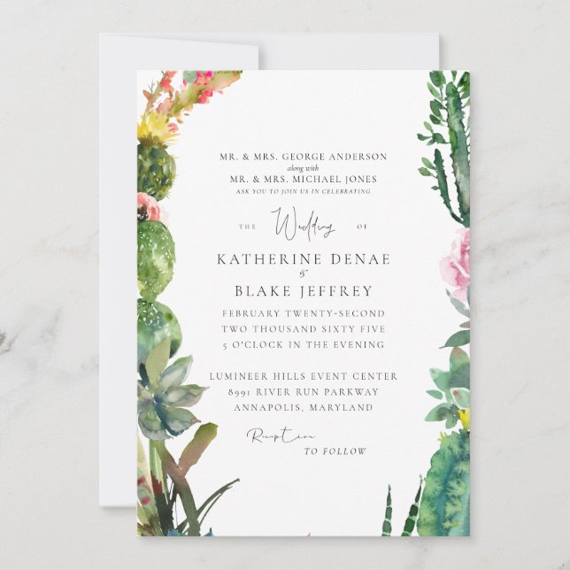 Convite para Casamento Elegante de Cactus Tropical (Frente)