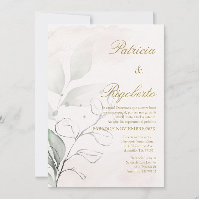 Convite para Casamento Elegante de Flor Verde em E (Frente)