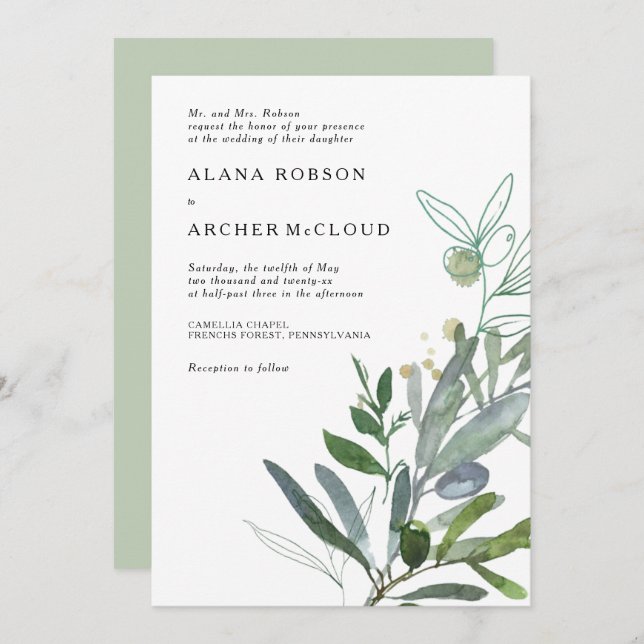 Convite para Casamento Elegante de Olive Greenery (Frente/Verso)