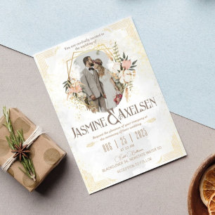 Convite para Casamento Elegante de ouro e Flor
