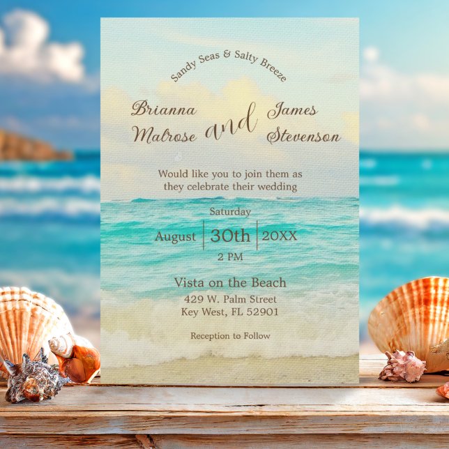 Convite para Casamento Elegante de Praia (Coastal Beach wedding invitation featuring waves crashing onto the shore and elegant typography )